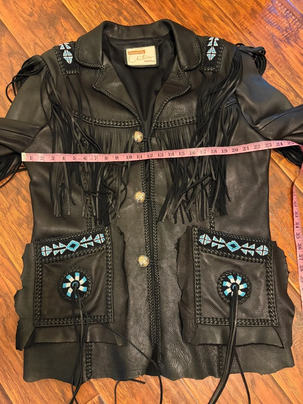Arturo Arocha Black Leather Western Beaded Fringe Jacket 44